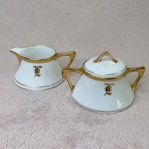 Antique Rogers Martini Co Sugar Bowl & Creamer Set Porcelain White & Gold Trim